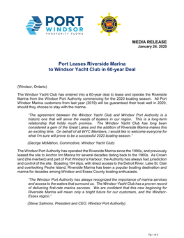 Windsor Port Authority Media Release