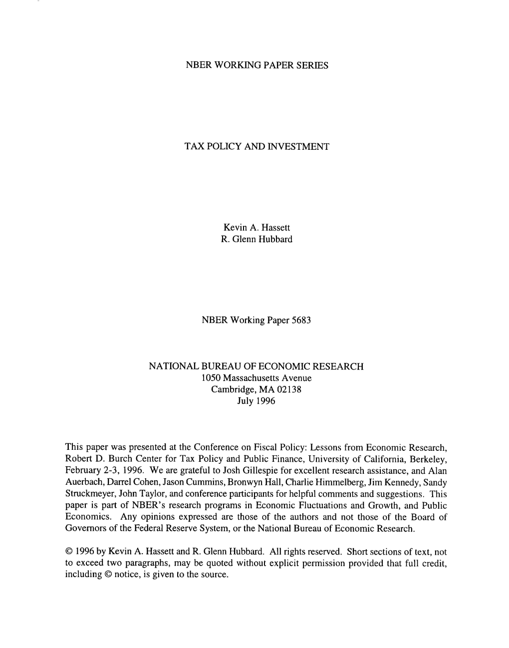 NBER WOR~G PAPER SERIES TAX POLICY and INVESTMENT Kevin