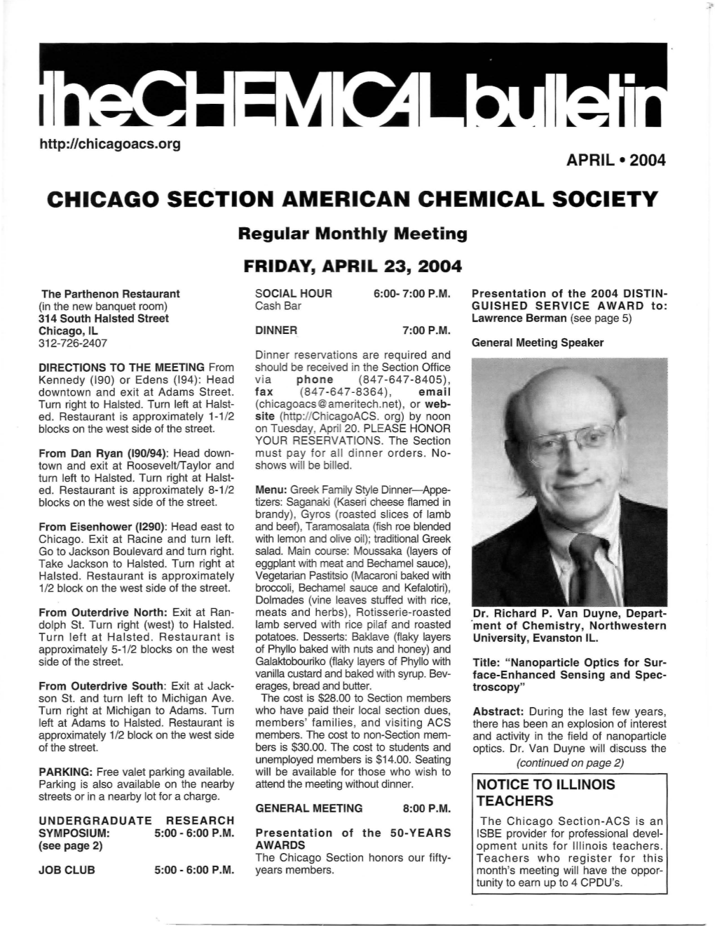 CHICAGO SECTION AMERICAN CHEMICAL SOCIETY Regular Monthly Meeting FRIDAY, APRIL 23, 2004