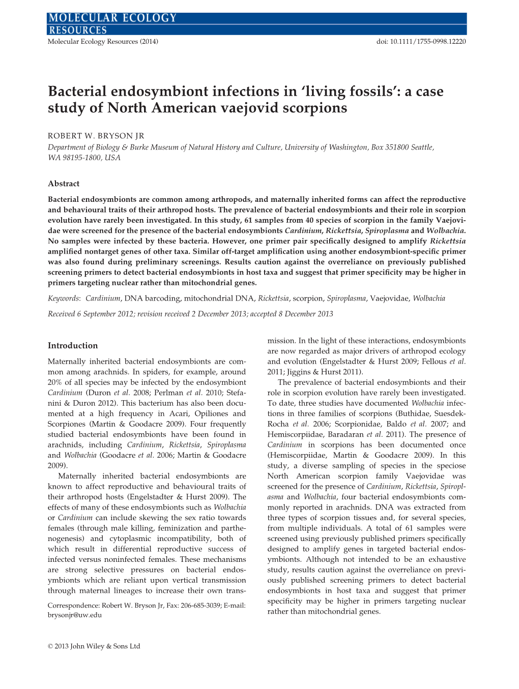 Bacterial Endosymbiont Infections in Living Fossils