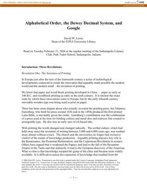 Alphabetical Order, the Dewey Decimal System, and Google