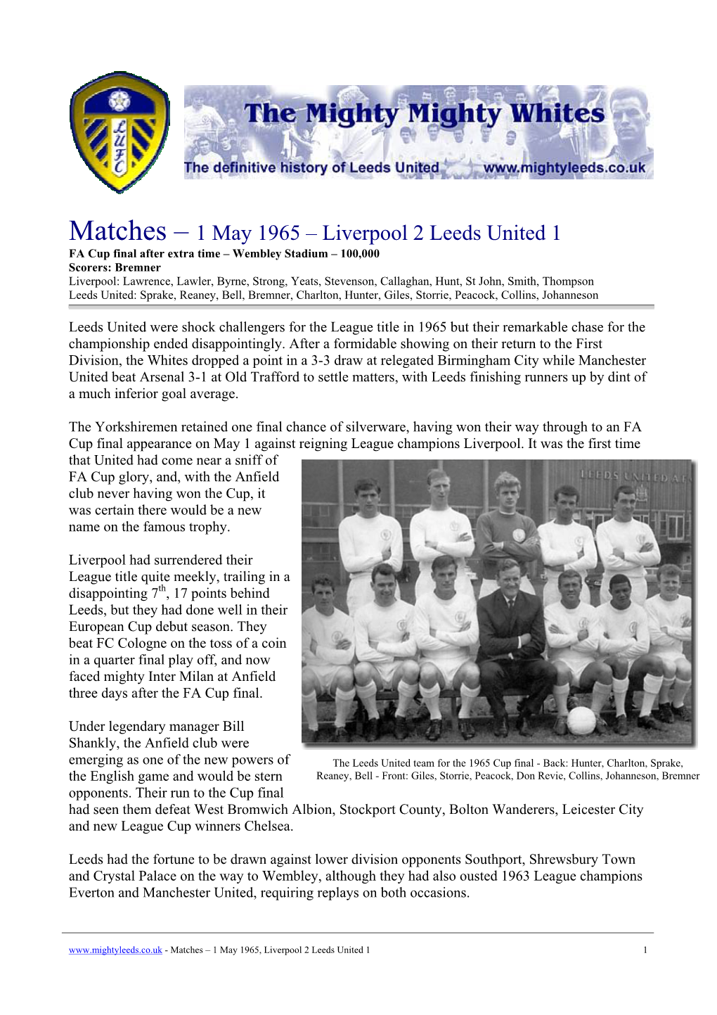 Matches – 1 May 1965 – Liverpool 2 Leeds United 1
