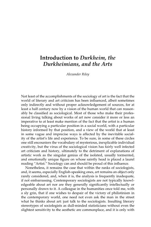 Introduction to Durkheim, the Durkheimians, and the Arts