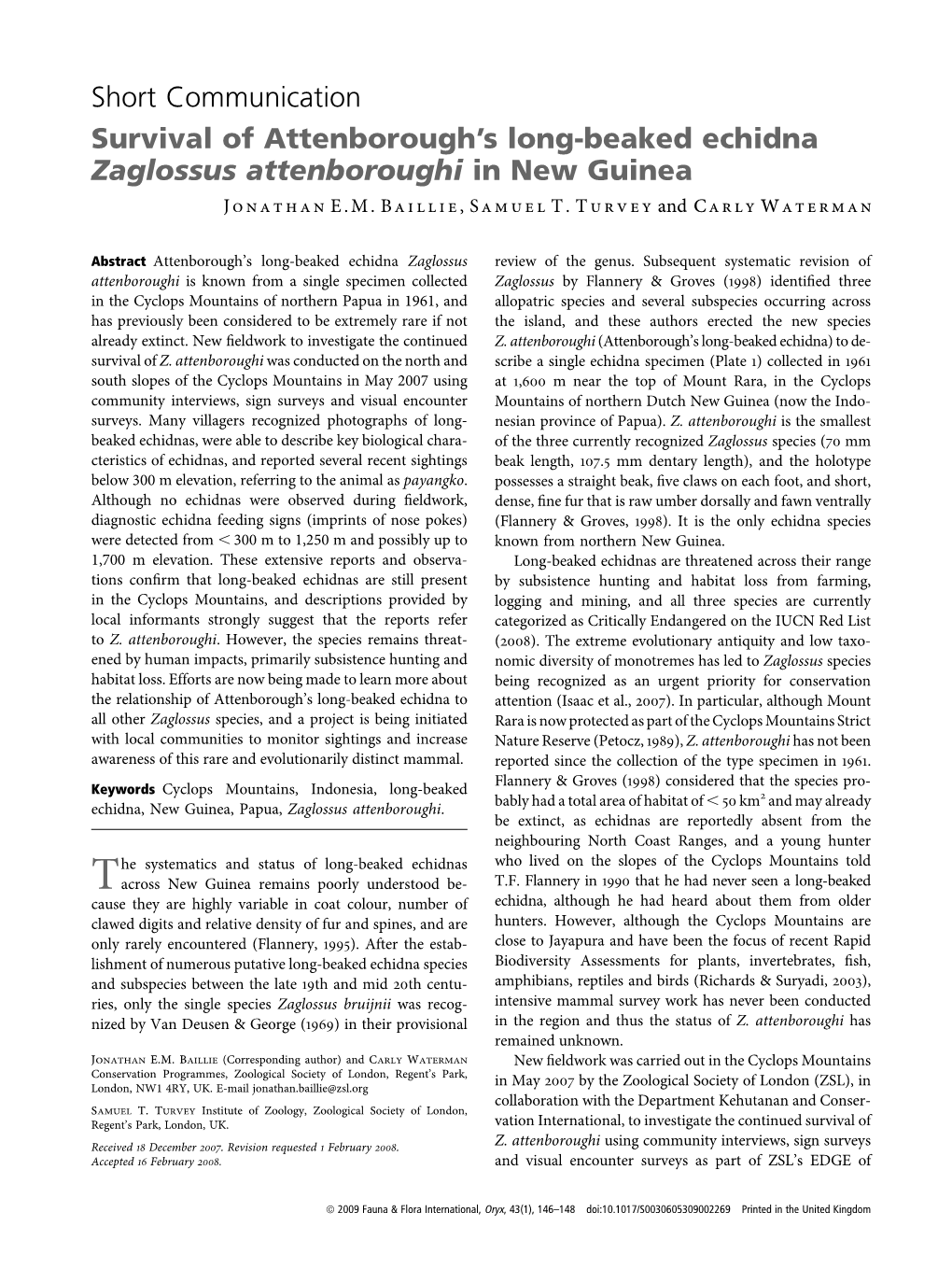 Survival of Attenborough's Long-Beaked Echidna Zaglossus Attenboroughi in New Guinea