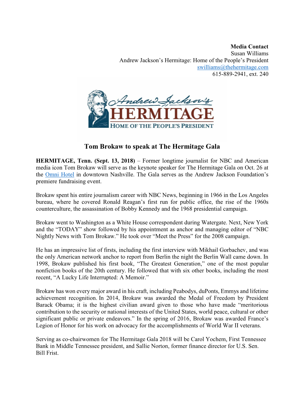 Tom Brokaw to Speak at the Hermitage Gala