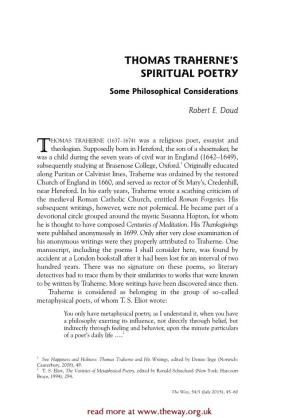 Thomas Traherne's Spiritual Poetry