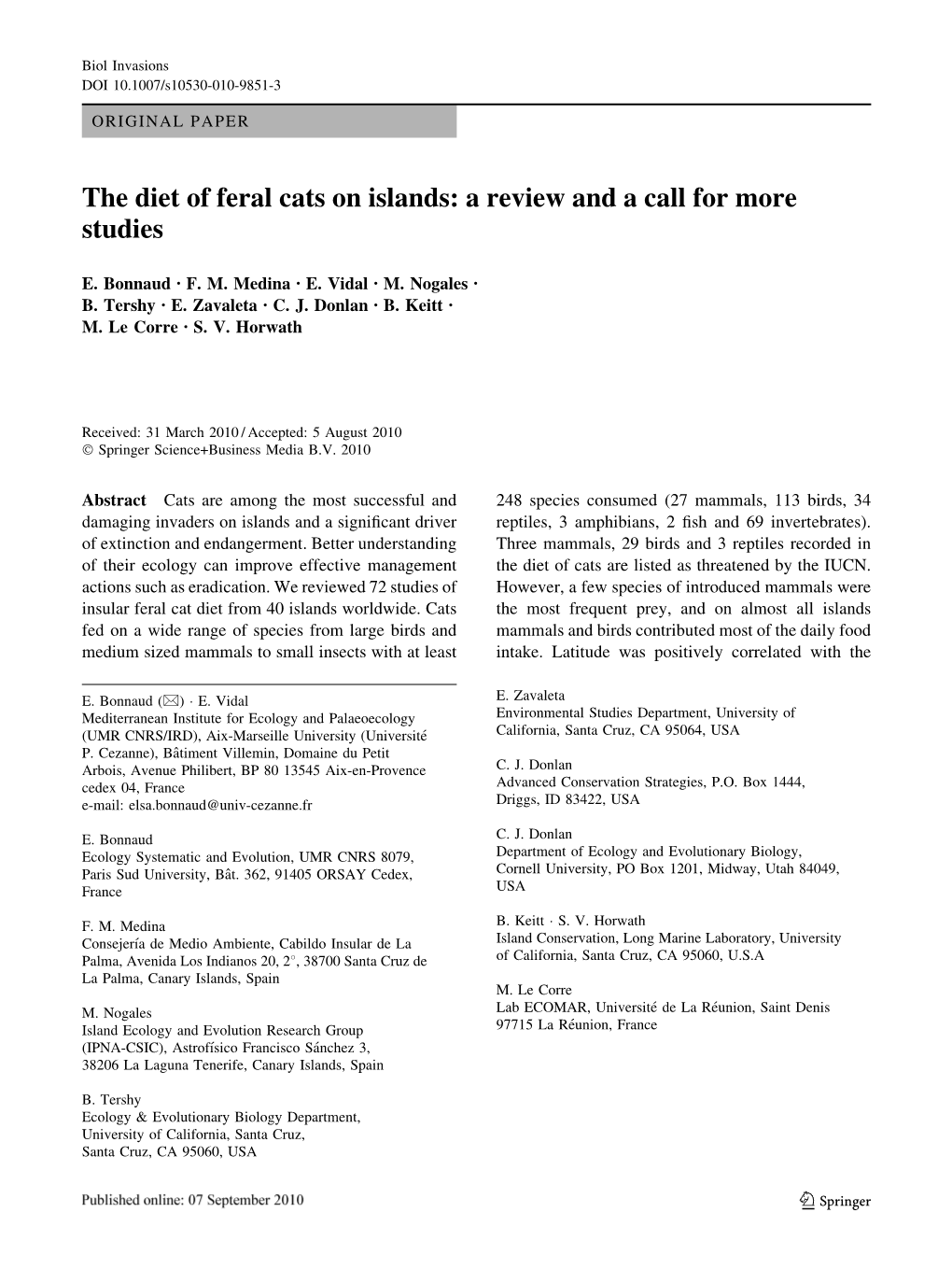 The Diet of Feral Cats on Islands: a Review and a Call for More Studies