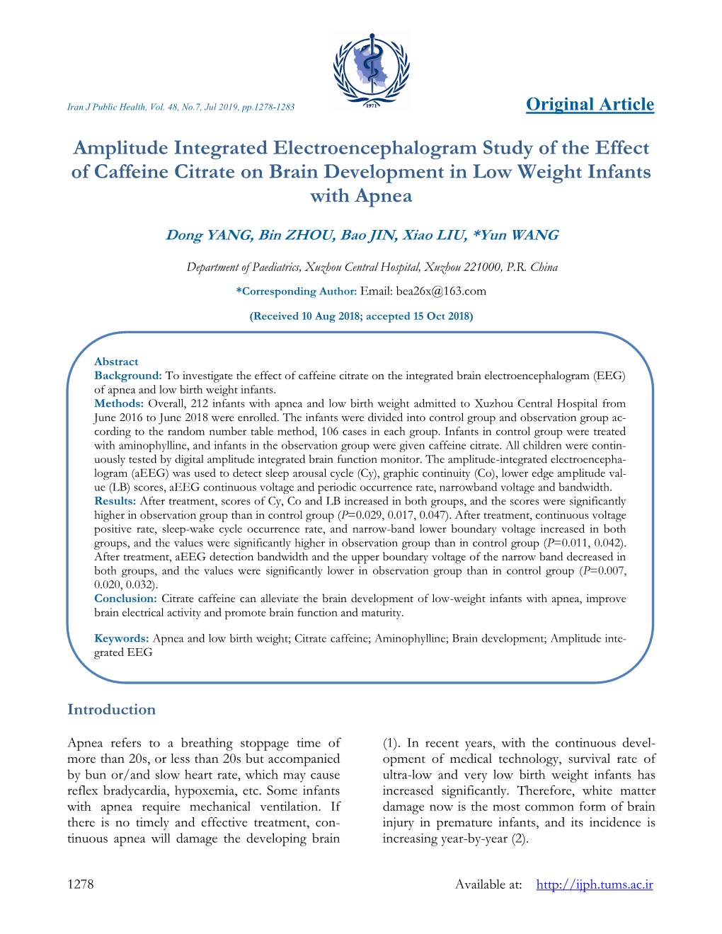 Amplitude Integrated Electroencephalogram Study of the Effect of Caffeine Citrate on Brain Development in Low Weight Infants with Apnea