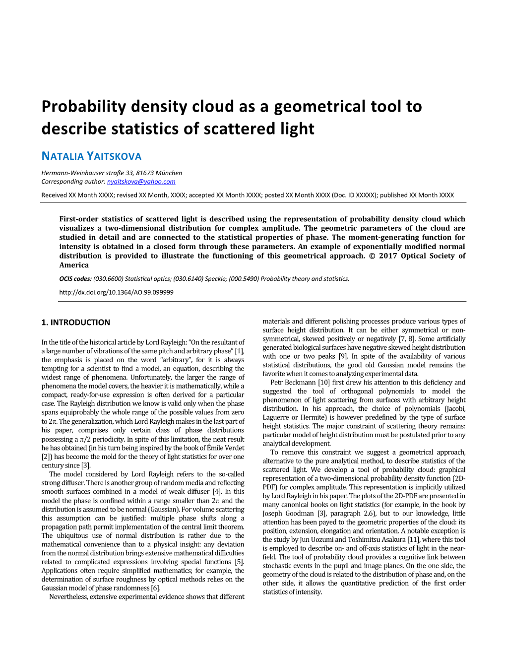 Probability Density Cloud As a Tool to Describe Statistics of Scattered Light