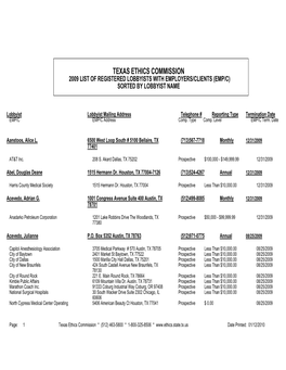 Texas Ethics Commission 2009 List of Registered Lobbyists with Employers/Clients (Emp/C) Sorted by Lobbyist Name