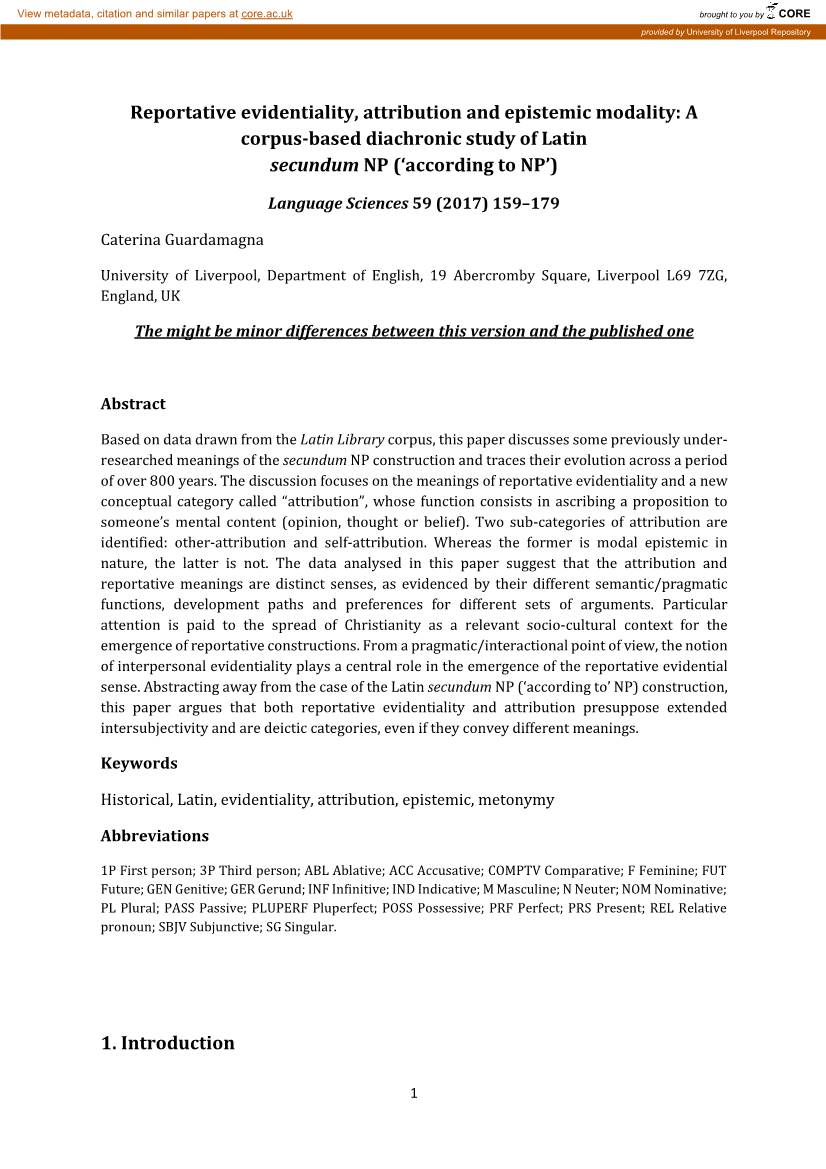 Reportative Evidentiality, Attribution and Epistemic Modality: a Corpus-Based Diachronic Study of Latin Secundum NP (‘According to NP’)