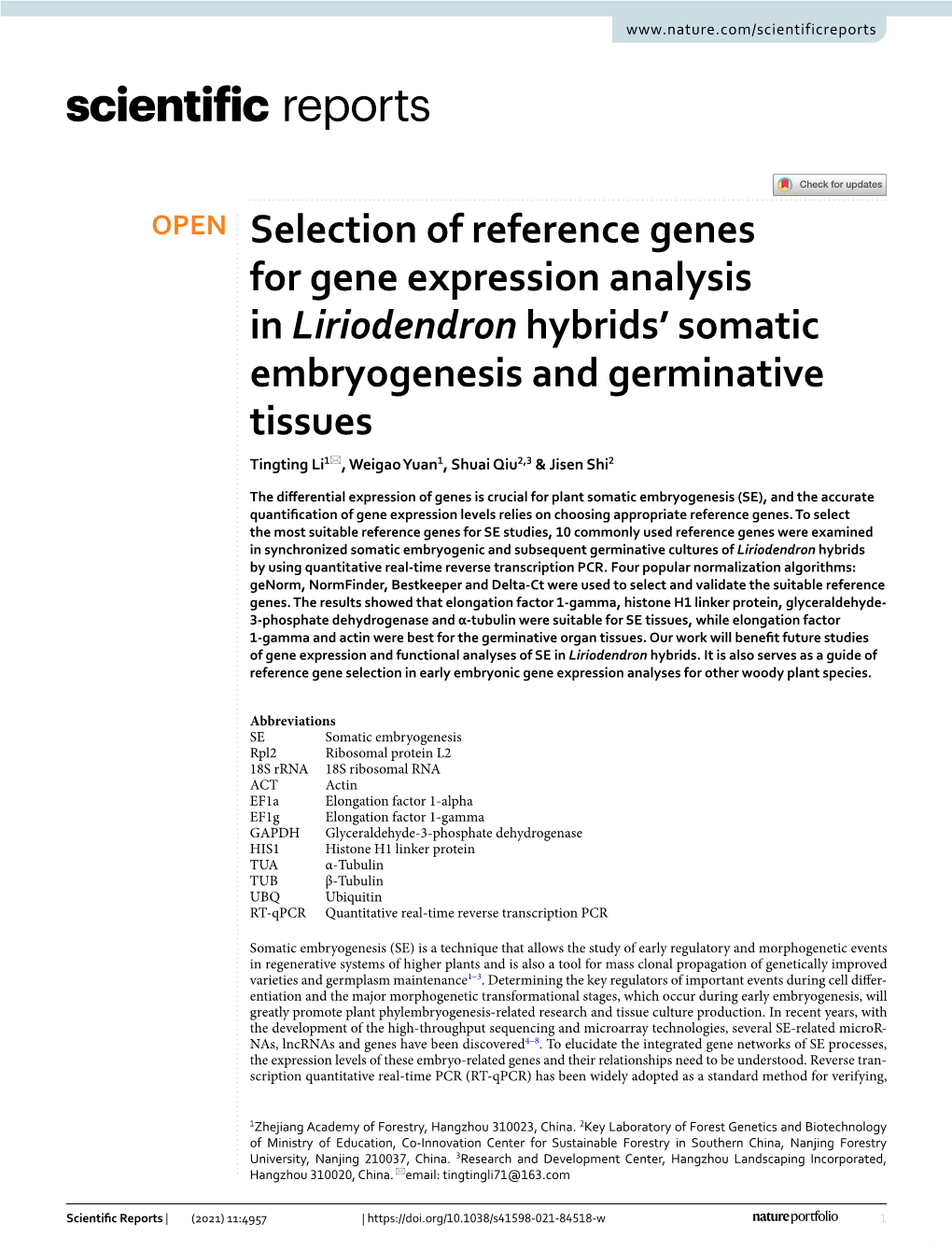 Selection of Reference Genes for Gene Expression Analysis in Liriodendron