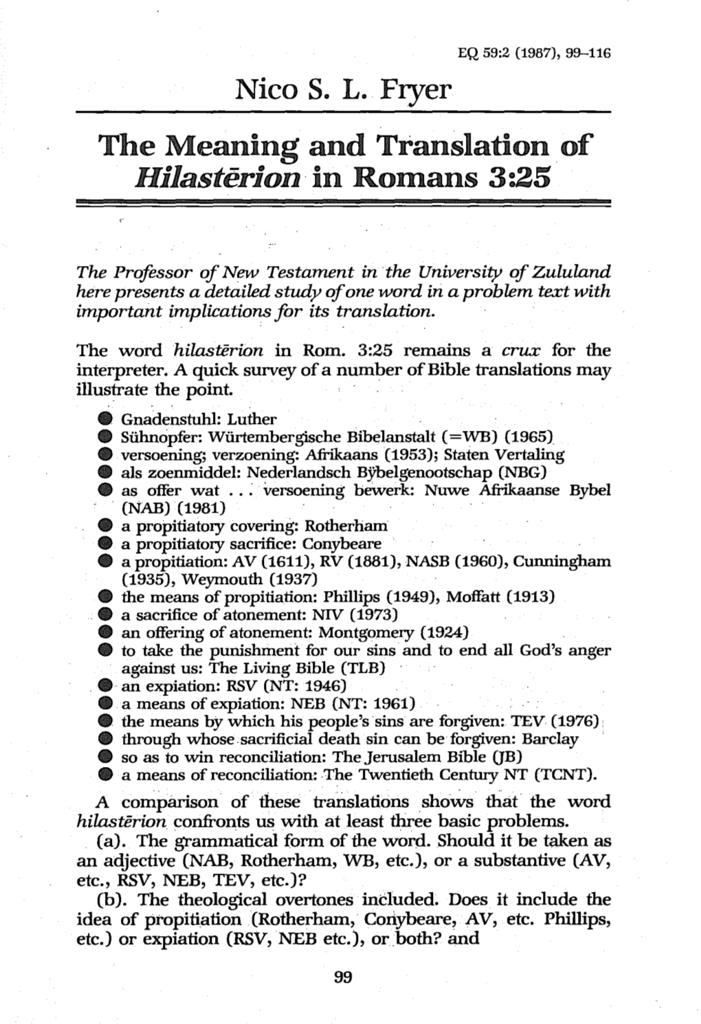 Nico S. L. Fryer the Meaning and Translation of Hilasterion in Romans 3:25