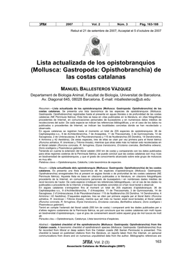 Lista Actualizada De Los Opistobranquios (Mollusca: Gastropoda: Opisthobranchia) De Las Costas Catalanas