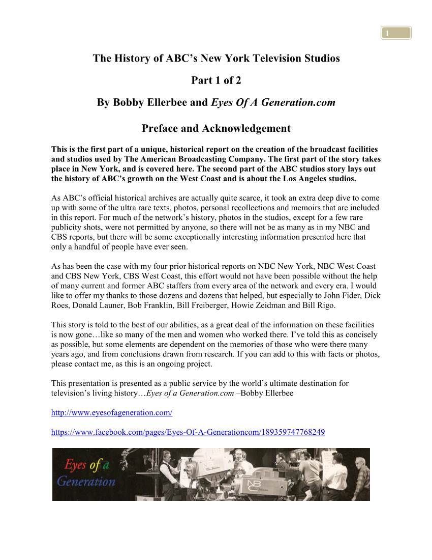 The History of ABC's New York Television Studios Part 1 of 2 by Bobby Ellerbee and Eyes of a Generation.Com Preface and Ackno