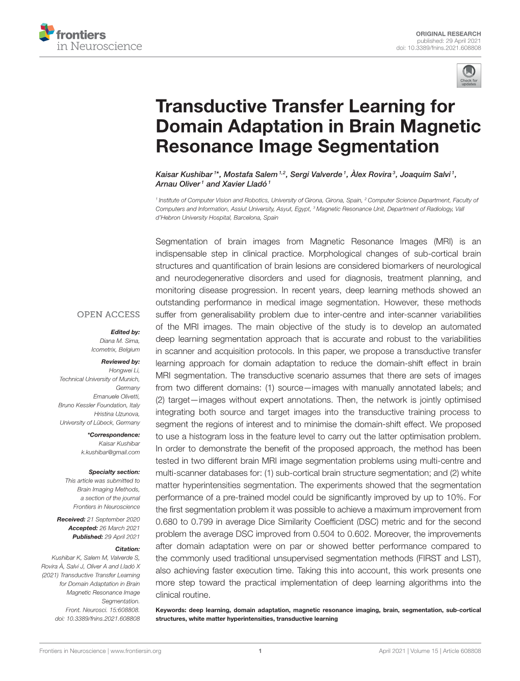 Transductive Transfer Learning for Domain Adaptation in Brain Magnetic Resonance Image Segmentation