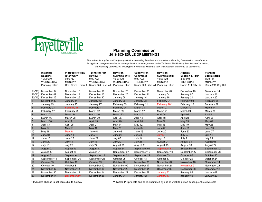 2016 Planning Commission Calendar