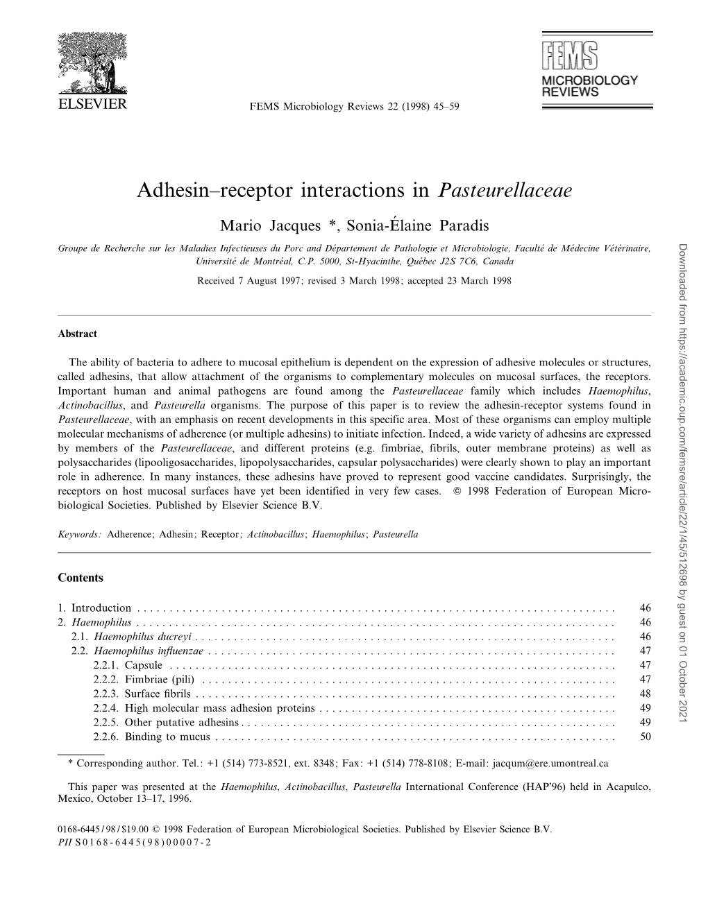 Adhesin–Receptor Interactions in Pasteurellaceae1