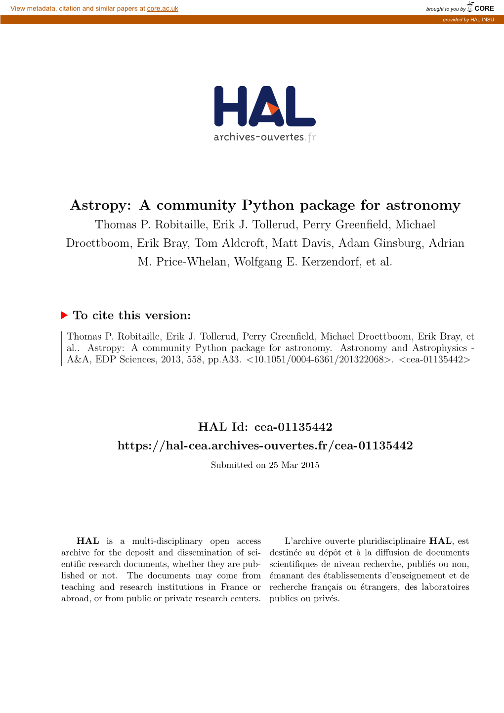 Astropy: a Community Python Package for Astronomy Thomas P