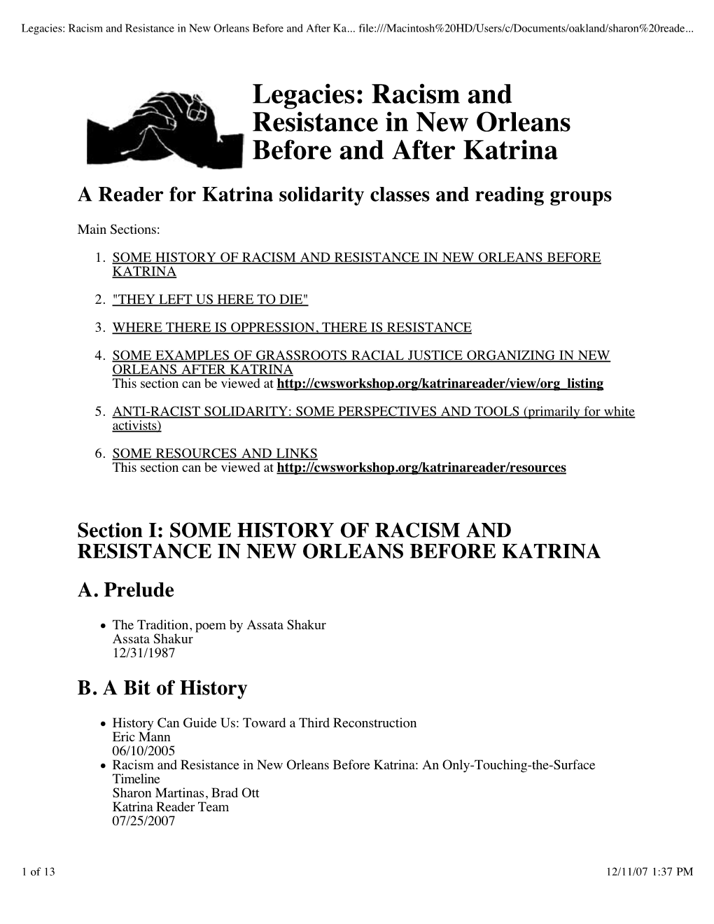 Legacies: Racism and Resistance in New Orleans Before and After Katrina a Reader for Katrina Solidarity Classes and Reading Groups
