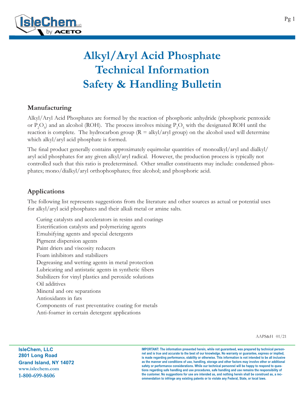 Alkyl/Aryl Acid Phosphate Technical Information Safety & Handling Bulletin