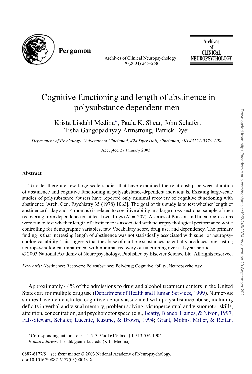 Cognitive Functioning and Length of Abstinence in Polysubstance