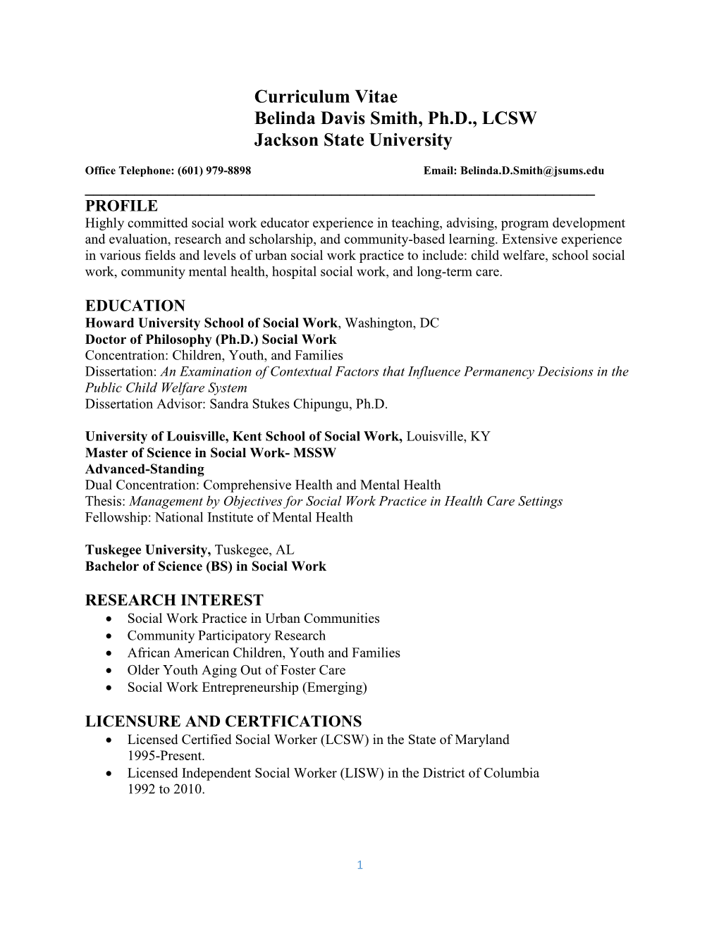 Curriculum Vitae Belinda Davis Smith, Ph.D., LCSW Jackson State University