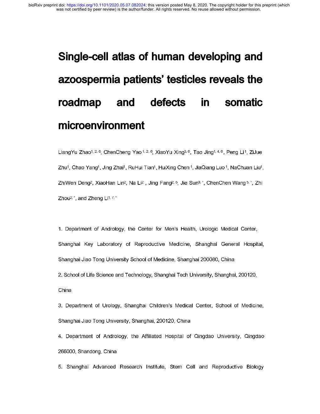 Single-Cell Atlas of Human Developing and Azoospermia Patients' Testicles