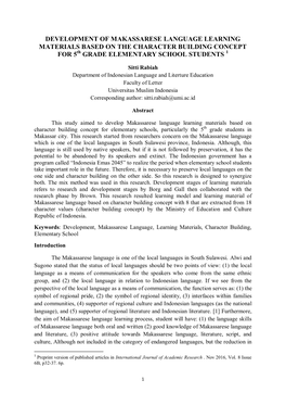 Development of Makassarese Language Learning Materials Based on the Character Building Concept for 5 Grade Elementary School St