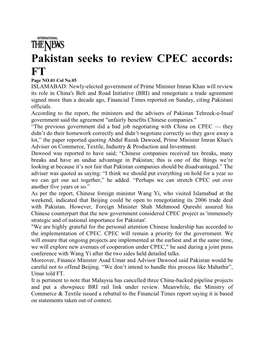 Pakistan Seeks to Review CPEC Accords: FT