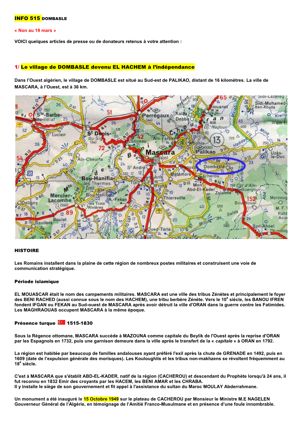 Le Village De DOMBASLE Devenu EL HACHEM À L'indépendance