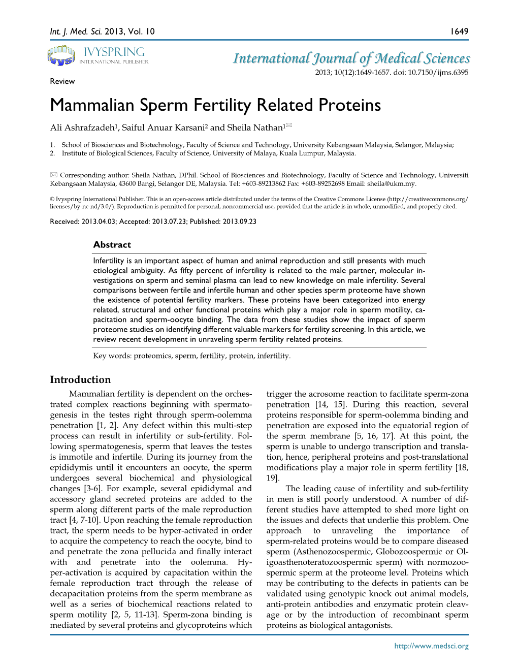 Mammalian Sperm Fertility Related Proteins Ali Ashrafzadeh1, Saiful Anuar Karsani2 and Sheila Nathan1