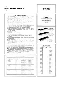 MC6845 CRT Controller Performs the Interface Between an MPU MOS and a Raster-Scan CRT Display