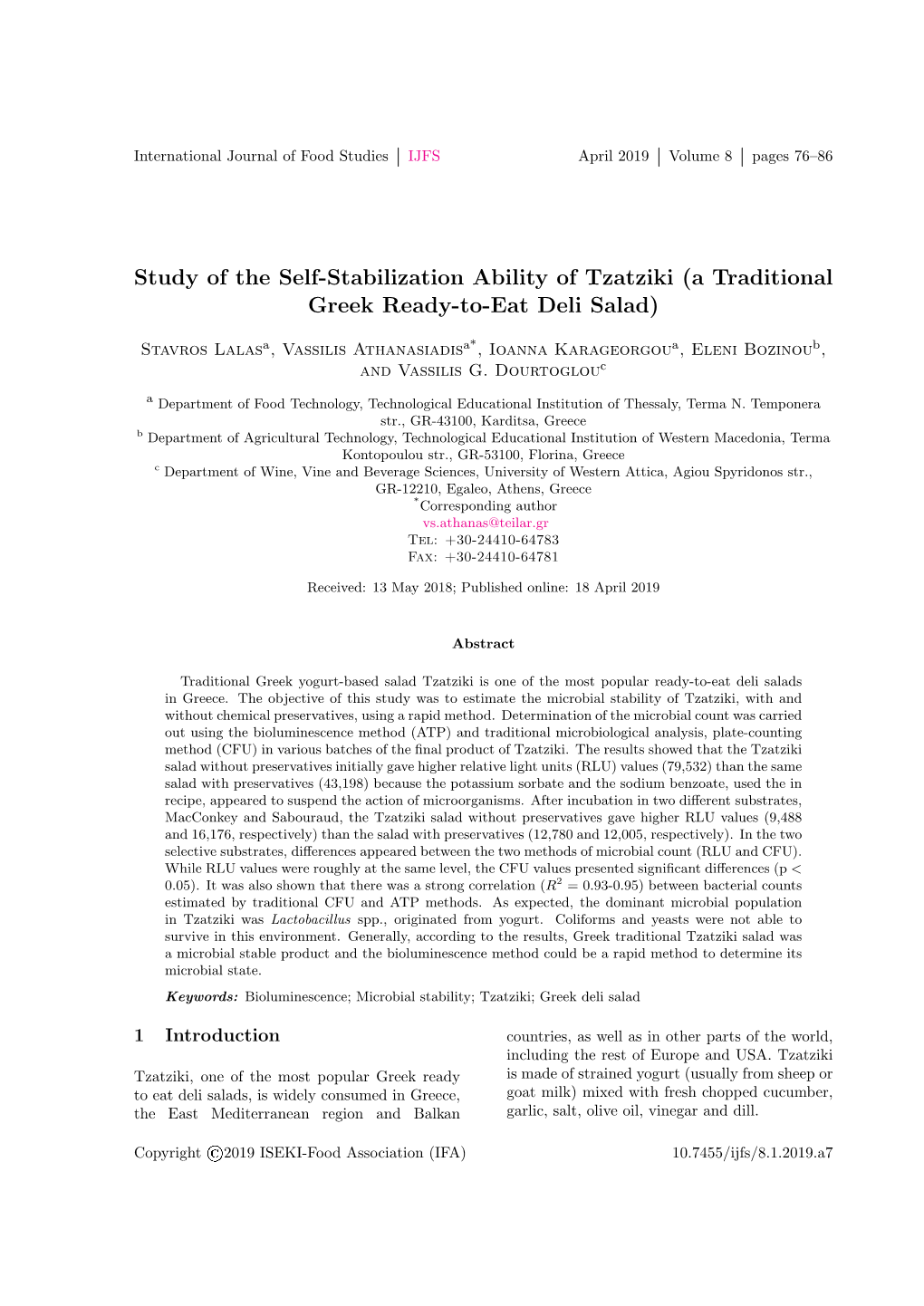 Study of the Self-Stabilization Ability of Tzatziki (A Traditional Greek Ready-To-Eat Deli Salad)