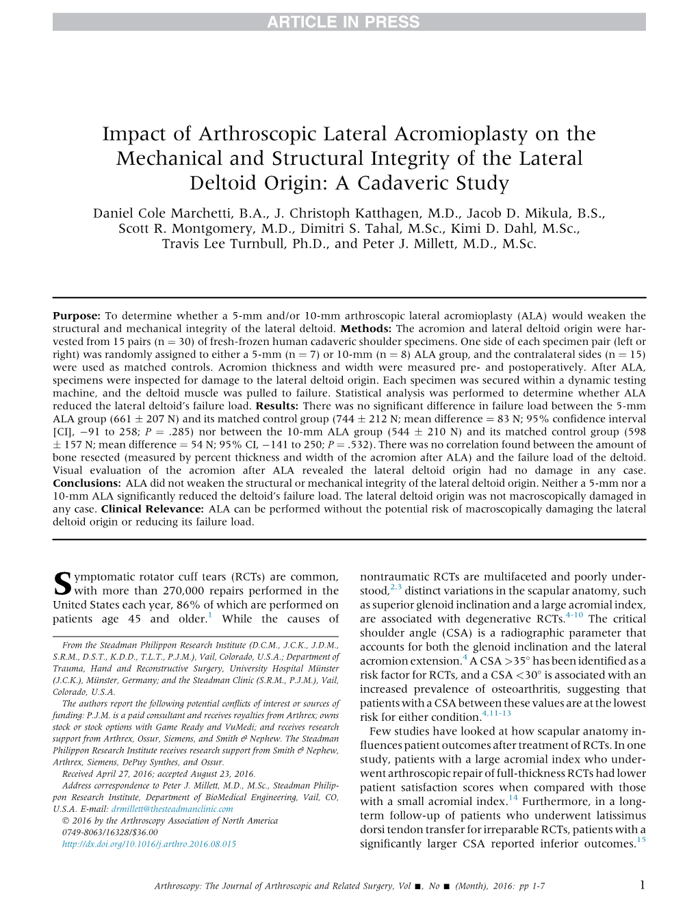 Impact of Arthroscopic Lateral Acromioplasty on the Mechanical and Structural Integrity of the Lateral Deltoid Origin
