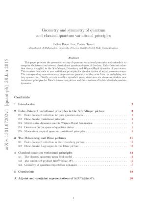 Geometry and Symmetry of Quantum and Classical-Quantum Variational Principles