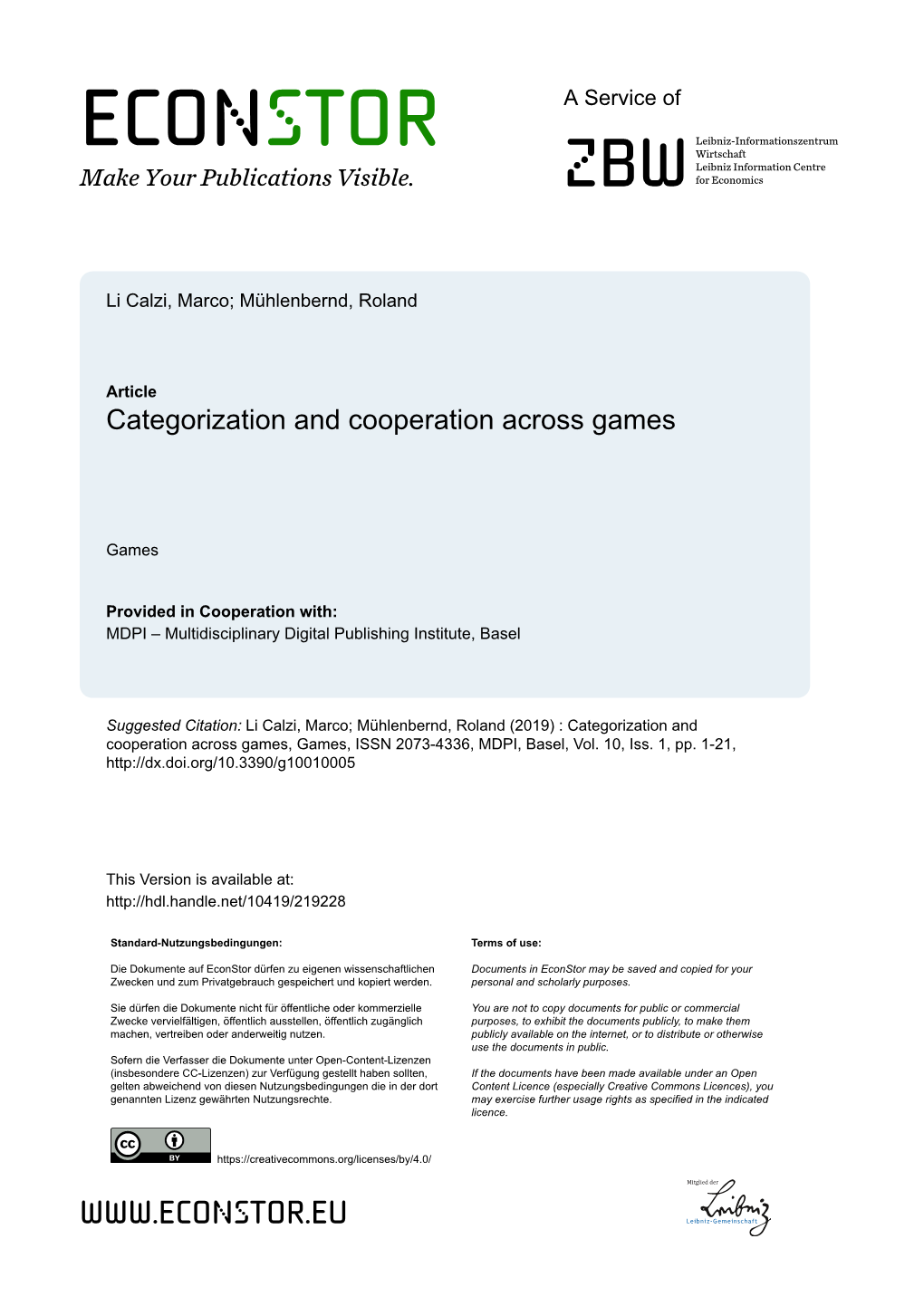 Categorization and Cooperation Across Games