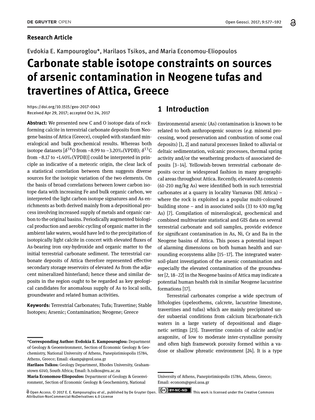 Carbonate Stable Isotope Constraints on Sources of Arsenic