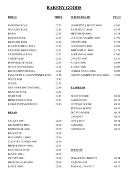 Bakery Price List