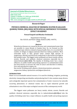 Research Paper PHYSICO-CHEMICAL ANALYSIS of DRINKING WATER in JALGAON (JAMOD) TEHSIL (MS) INDIA with SPECIAL REFERENCE to POSSIBLE EFFECT on KIDNEY