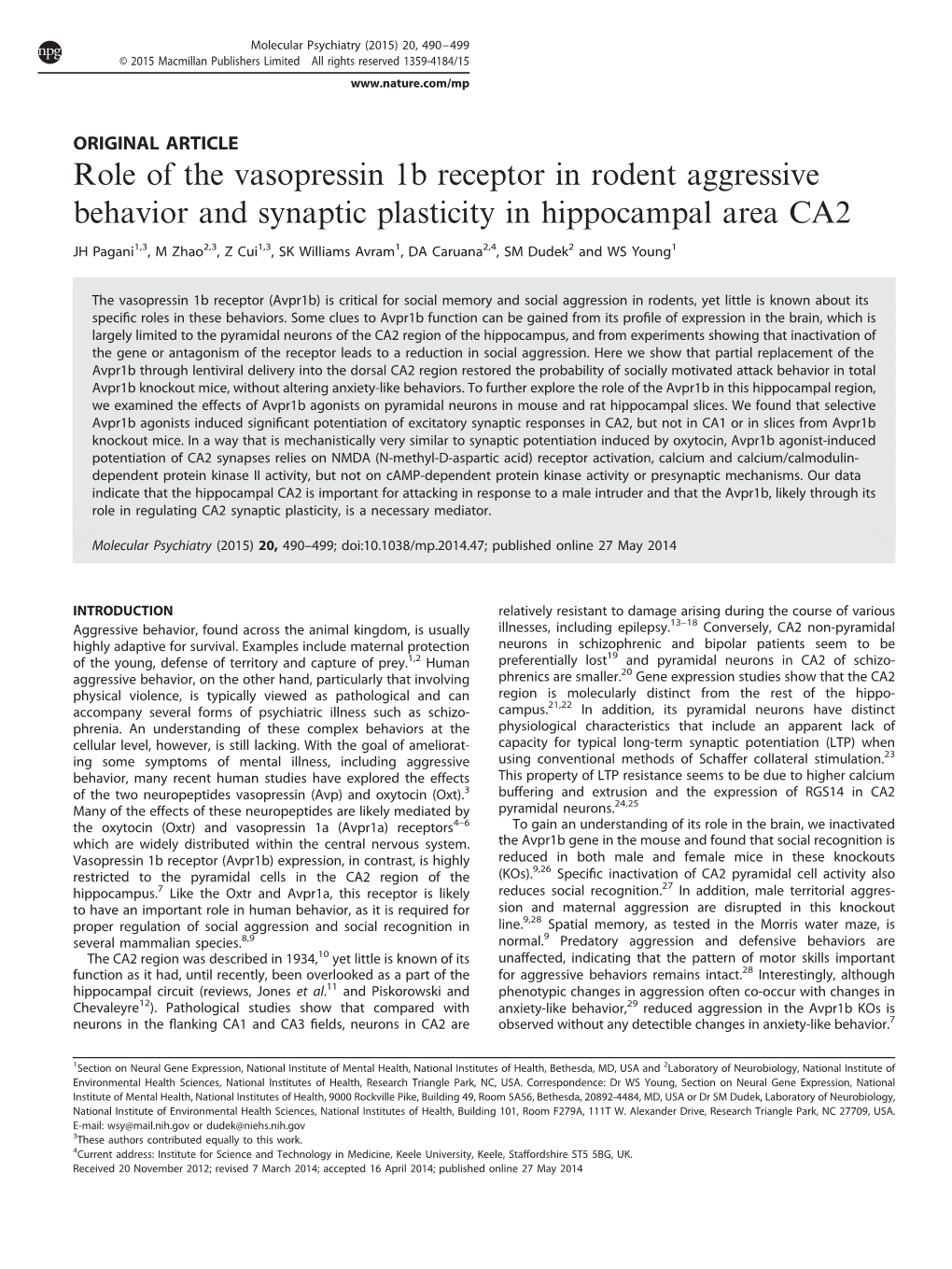 Role of the Vasopressin 1B Receptor in Rodent Aggressive Behavior and Synaptic Plasticity in Hippocampal Area CA2