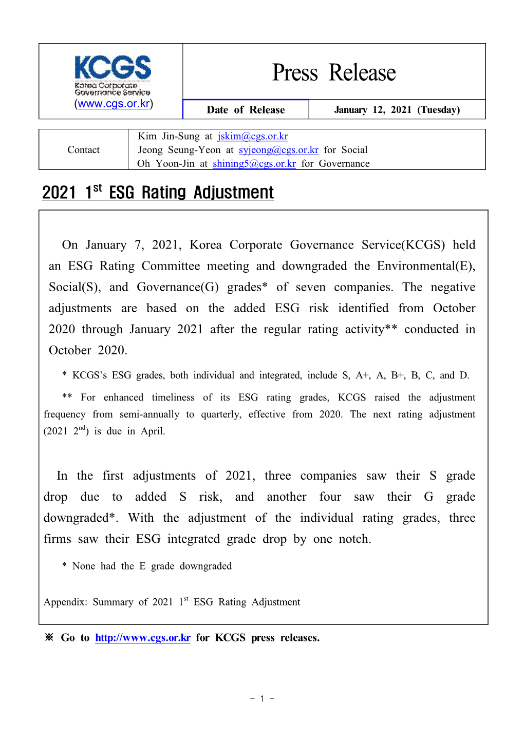 KCGS Press Release 2021 1St ESG Rating Adjustment.Pdf