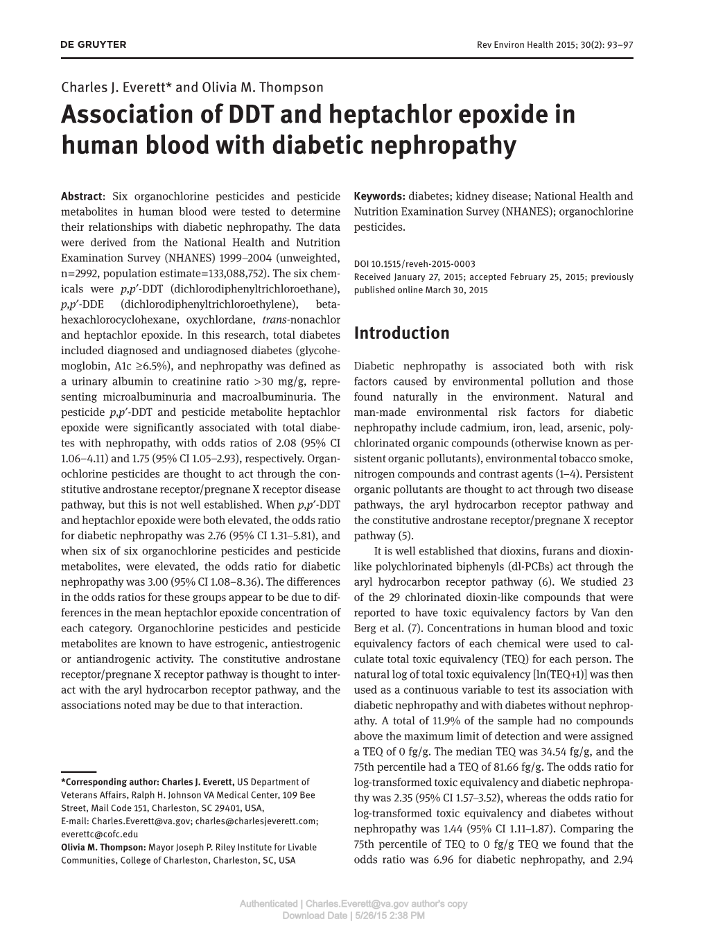 Association of DDT and Heptachlor Epoxide in Human Blood with Diabetic Nephropathy