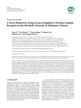 Research Article a Novel Method for Drug Screen to Regulate G Protein-Coupled Receptors in the Metabolic Network of Alzheimer’S Disease