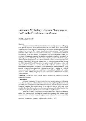 Literature, Mythology, Orphism: “Language As God” in the French Nouveau Roman