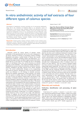 In Vitro Anthelmintic Activity of Leaf Extracts of Four Different Types of Calamus Species