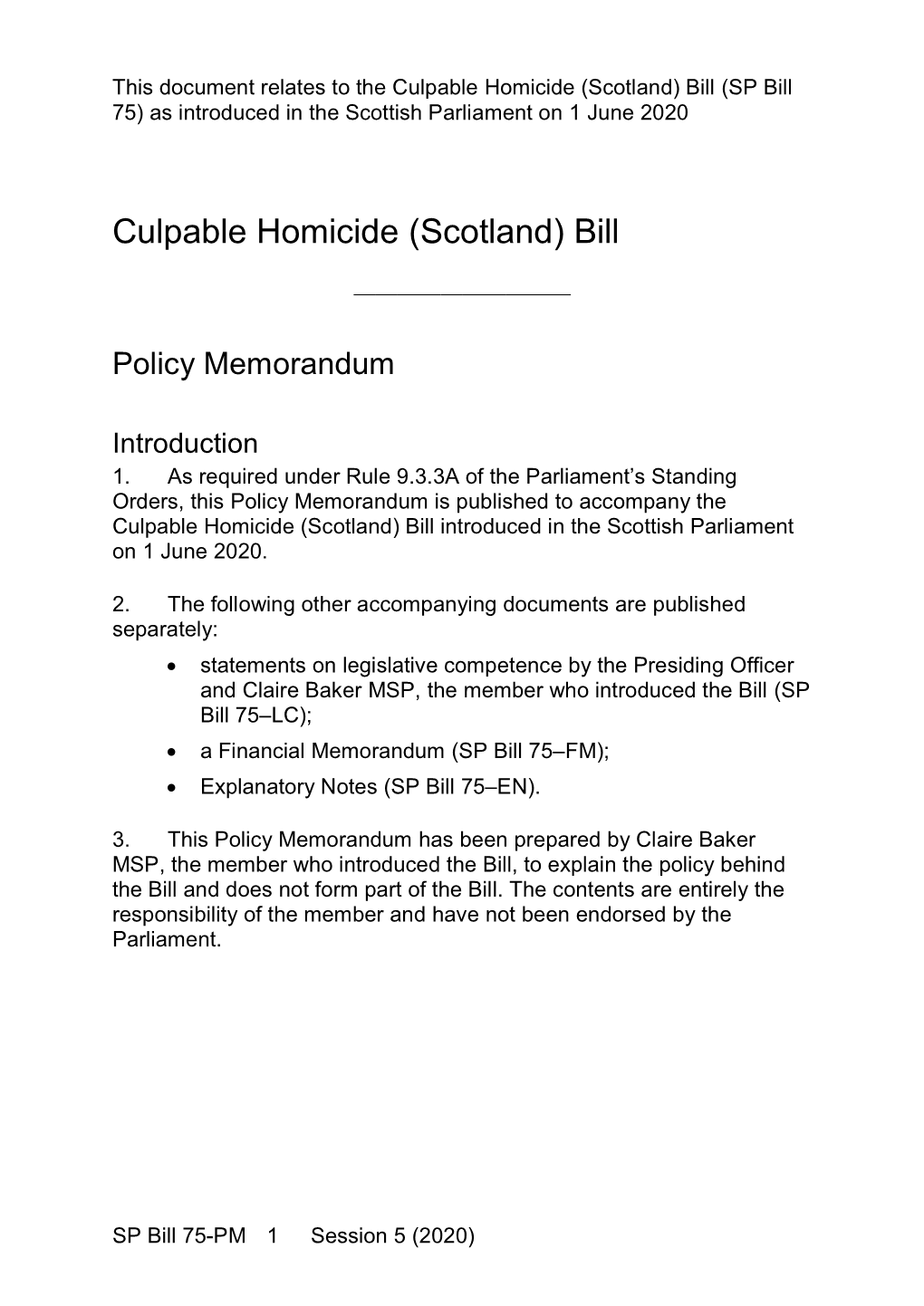 Culpable Homicide (Scotland) Bill (SP Bill 75) As Introduced in the Scottish Parliament on 1 June 2020