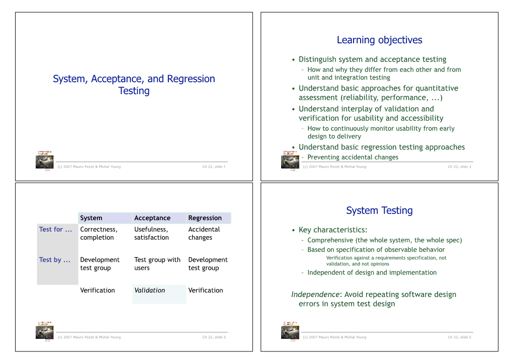 System, Acceptance, and Regression Testing Learning Objectives System