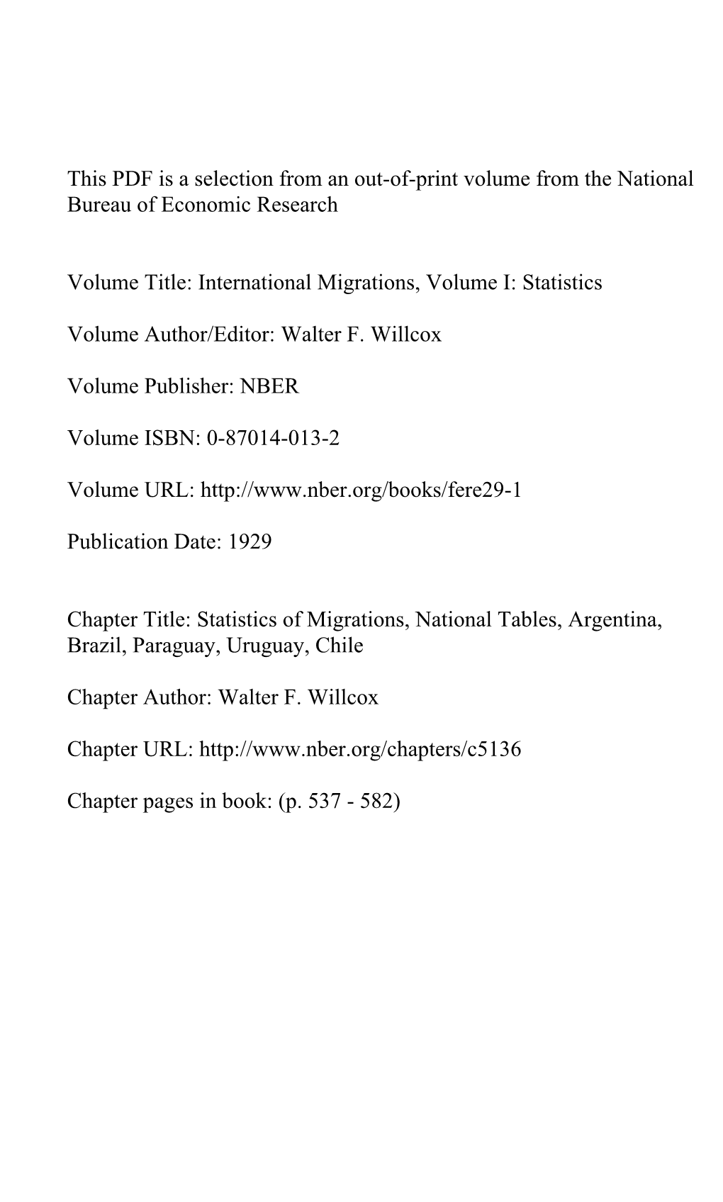 Statistics of Migrations, National Tables, Argentina, Brazil, Paraguay, Uruguay, Chile