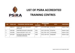 LIST of Psira ACCREDITED TRAINING CENTRES